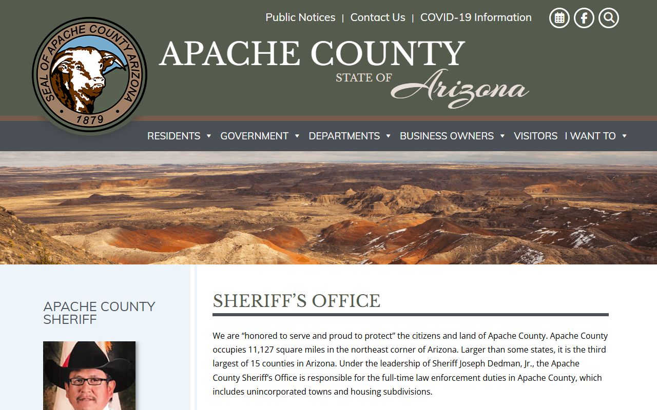 Apache County Jail sheriff page with inmate record and visitation information
