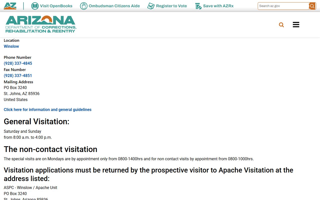 ASPC-Winslow Apache Unit ADCRR inmate visitation and contact information