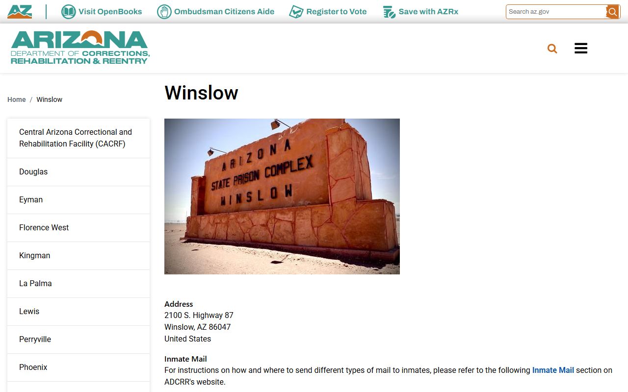 ASPC-Winslow overview page for Apache Unit inmate population and programs